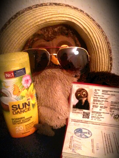 Käthe mit Sonnenhut und Reisepass